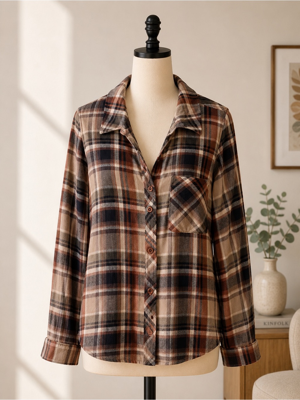 BE COOL Rust and Navy Plaid Button-Up Shirt